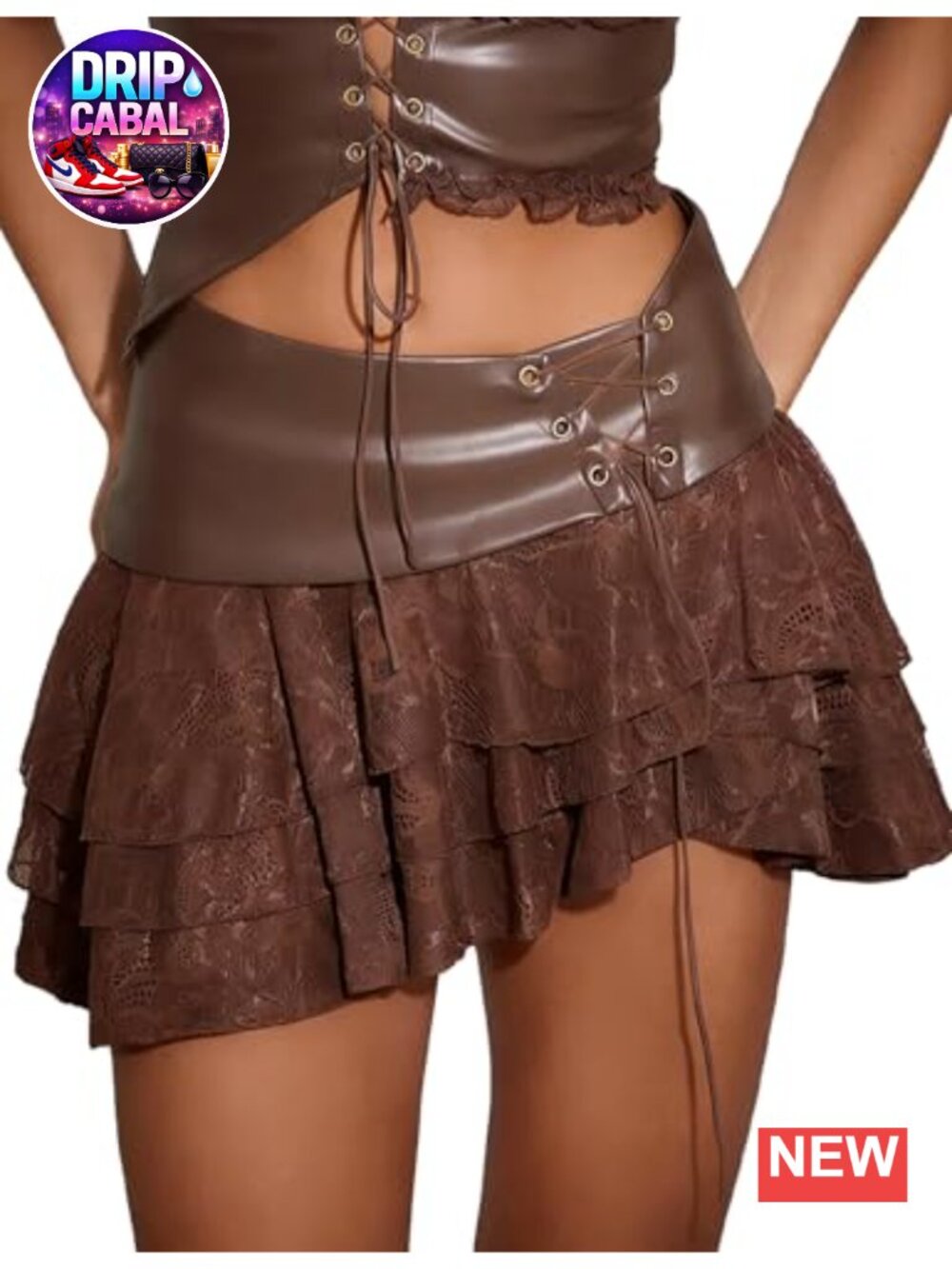 Faux Leather Layered Y2K Lace-Up Mini Skirt for Going Out